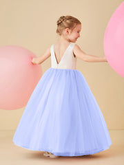 Robe de Demoiselle d'Honneur en Satin avec Dos en V et Jupe en Tulle Longueur Sol Lavande