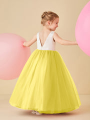 Robe de Demoiselle d'Honneur en Satin avec Dos en V et Jupe en Tulle Longueur Sol Citron