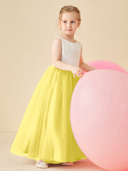 Robe de Demoiselle d'Honneur en Satin avec Dos en V et Jupe en Tulle Longueur Sol Citron
