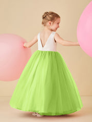 Robe de Demoiselle d'Honneur en Satin avec Dos en V et Jupe en Tulle Longueur Sol Vert Citron