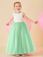 Robe de Demoiselle d'Honneur en Satin avec Dos en V et Jupe en Tulle Longueur Sol Vert Menthe