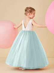 Robe de Demoiselle d'Honneur en Satin avec Dos en V et Jupe en Tulle Longueur Sol Brume