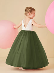 Robe de Demoiselle d'Honneur en Satin avec Dos en V et Jupe en Tulle Longueur Sol Olive Verte