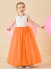 Robe de Demoiselle d'Honneur en Satin avec Dos en V et Jupe en Tulle Longueur Sol Orange