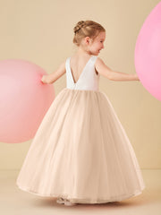 Robe de Demoiselle d'Honneur en Satin avec Dos en V et Jupe en Tulle Longueur Sol Pêche