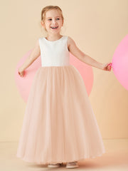 Robe de Demoiselle d'Honneur en Satin avec Dos en V et Jupe en Tulle Longueur Sol Rose Perle
