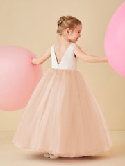 Robe de Demoiselle d'Honneur en Satin avec Dos en V et Jupe en Tulle Longueur Sol Rose Perle