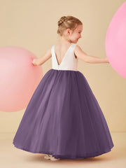 Robe de Demoiselle d'Honneur en Satin avec Dos en V et Jupe en Tulle Longueur Sol Plum