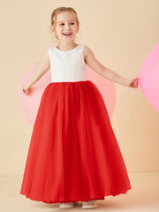 Robe de Demoiselle d'Honneur en Satin avec Dos en V et Jupe en Tulle Longueur Sol Rouge
