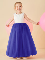 Robe de Demoiselle d'Honneur en Satin avec Dos en V et Jupe en Tulle Longueur Sol Bleu Royale