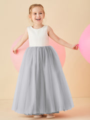 Robe de Demoiselle d'Honneur en Satin avec Dos en V et Jupe en Tulle Longueur Sol Argent