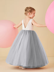 Robe de Demoiselle d'Honneur en Satin avec Dos en V et Jupe en Tulle Longueur Sol Argent