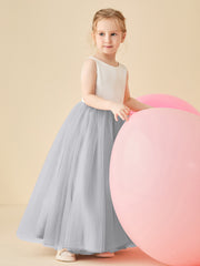 Robe de Demoiselle d'Honneur en Satin avec Dos en V et Jupe en Tulle Longueur Sol Argent