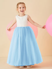 Robe de Demoiselle d'Honneur en Satin avec Dos en V et Jupe en Tulle Longueur Sol Bleu Ciel