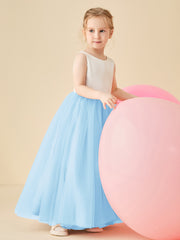 Robe de Demoiselle d'Honneur en Satin avec Dos en V et Jupe en Tulle Longueur Sol Bleu Ciel