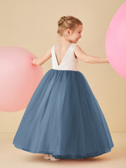 Robe de Demoiselle d'Honneur en Satin avec Dos en V et Jupe en Tulle Longueur Sol Bleu de Schiste