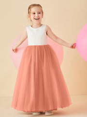 Robe de Demoiselle d'Honneur en Satin avec Dos en V et Jupe en Tulle Longueur Sol Sunset