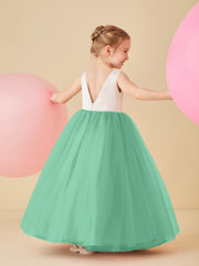 Robe de Demoiselle d'Honneur en Satin avec Dos en V et Jupe en Tulle Longueur Sol Turquoise