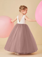 Robe de Demoiselle d'Honneur en Satin avec Dos en V et Jupe en Tulle Longueur Sol Vintage Mauve