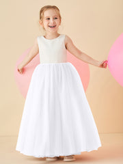 Robe de Demoiselle d'Honneur en Satin avec Dos en V et Jupe en Tulle Longueur Sol Blanc