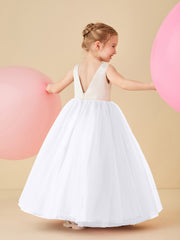 Robe de Demoiselle d'Honneur en Satin avec Dos en V et Jupe en Tulle Longueur Sol Blanc