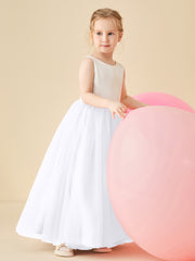 Robe de Demoiselle d'Honneur en Satin avec Dos en V et Jupe en Tulle Longueur Sol Blanc
