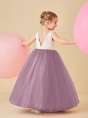 Robe de Demoiselle d'Honneur en Satin avec Dos en V et Jupe en Tulle Longueur Sol Glycine
