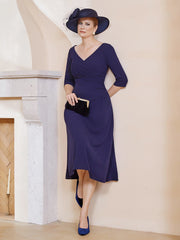 Robe Plissée de A-ligne à Col en V Longueur de Mollet en Mousseline Bleu Marine Grande Taille