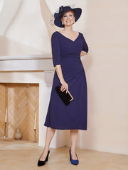 Robe Plissée de A-ligne à Col en V Longueur de Mollet en Mousseline Bleu Marine Grande Taille