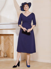 Robe Plissée de A-ligne à Col en V Longueur de Mollet en Mousseline Bleu Marine Grande Taille