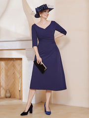 Robe Plissée de A-ligne à Col en V Longueur de Mollet en Mousseline Bleu Marine Grande Taille
