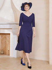 Robe Plissée de A-ligne à Col en V Longueur de Mollet en Mousseline Bleu Marine Grande Taille