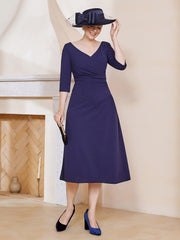 Robe Plissée de A-ligne à Col en V Longueur de Mollet en Mousseline Bleu Marine Grande Taille