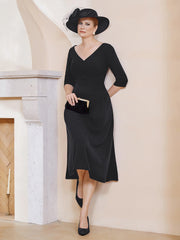 Robe Plissée de A-ligne à Col en V Longueur de Mollet en Mousseline Noir Grande Taille