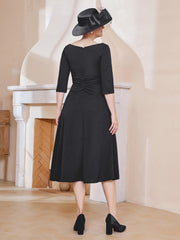 Robe Plissée de A-ligne à Col en V Longueur de Mollet en Mousseline Noir Grande Taille