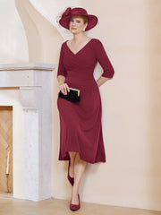 Robe Plissée de A-ligne à Col en V Longueur de Mollet en Mousseline Bordeaux