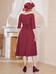 Robe Plissée de A-ligne à Col en V Longueur de Mollet en Mousseline Bordeaux Grande Taille
