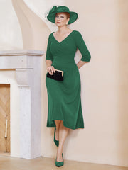 Robe Plissée de A-ligne à Col en V Longueur de Mollet en Mousseline Vert Foncé