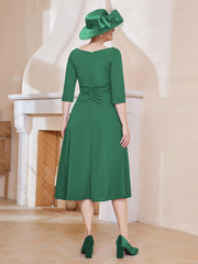 Robe Plissée de A-ligne à Col en V Longueur de Mollet en Mousseline Vert Foncé Grande Taille