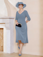 Robe Plissée de A-ligne à Col en V Longueur de Mollet en Mousseline Bleu Poudré Grande Taille