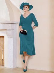 Robe Plissée de A-ligne à Col en V Longueur de Mollet en Mousseline Bleu Encre Grande Taille