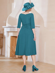 Robe Plissée de A-ligne à Col en V Longueur de Mollet en Mousseline Bleu Encre Grande Taille