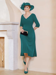Robe Plissée de A-ligne à Col en V Longueur de Mollet en Mousseline Paon Grande Taille