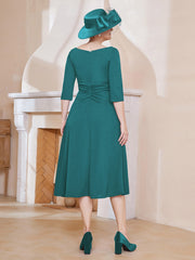 Robe Plissée de A-ligne à Col en V Longueur de Mollet en Mousseline Paon Grande Taille