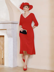 Robe Plissée de A-ligne à Col en V Longueur de Mollet en Mousseline Rouge Grande Taille