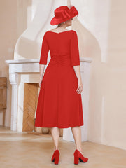 Robe Plissée de A-ligne à Col en V Longueur de Mollet en Mousseline Rouge Grande Taille