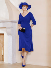 Robe Plissée de A-ligne à Col en V Longueur de Mollet en Mousseline Bleu Royale