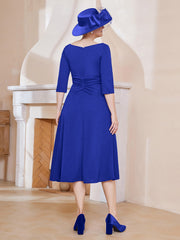 Robe Plissée de A-ligne à Col en V Longueur de Mollet en Mousseline Bleu Royale