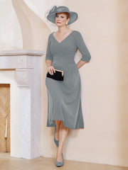 Robe Plissée de A-ligne à Col en V Longueur de Mollet en Mousseline Gris Acier