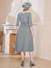 Robe Plissée de A-ligne à Col en V Longueur de Mollet en Mousseline Gris Acier Grande Taille